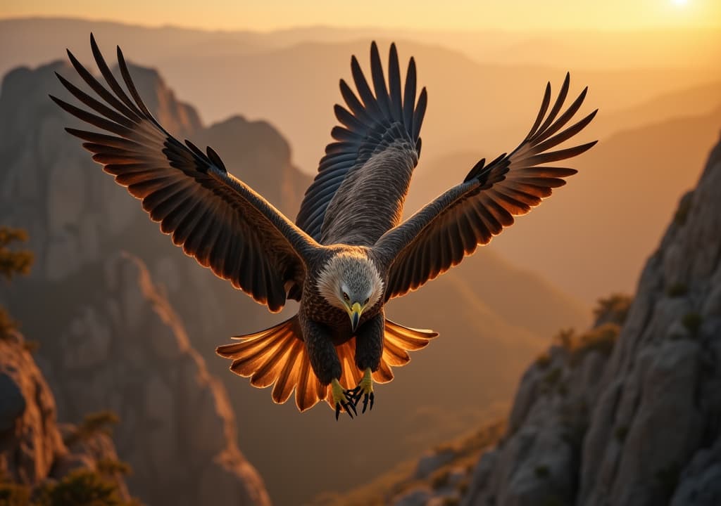  good quality, high quality, a golden eagle dives with precision toward the ground, its powerful wings fully extended. the rugged landscape glimmers in the soft light of dawn, highlighting the bird's fierce beauty and prowess