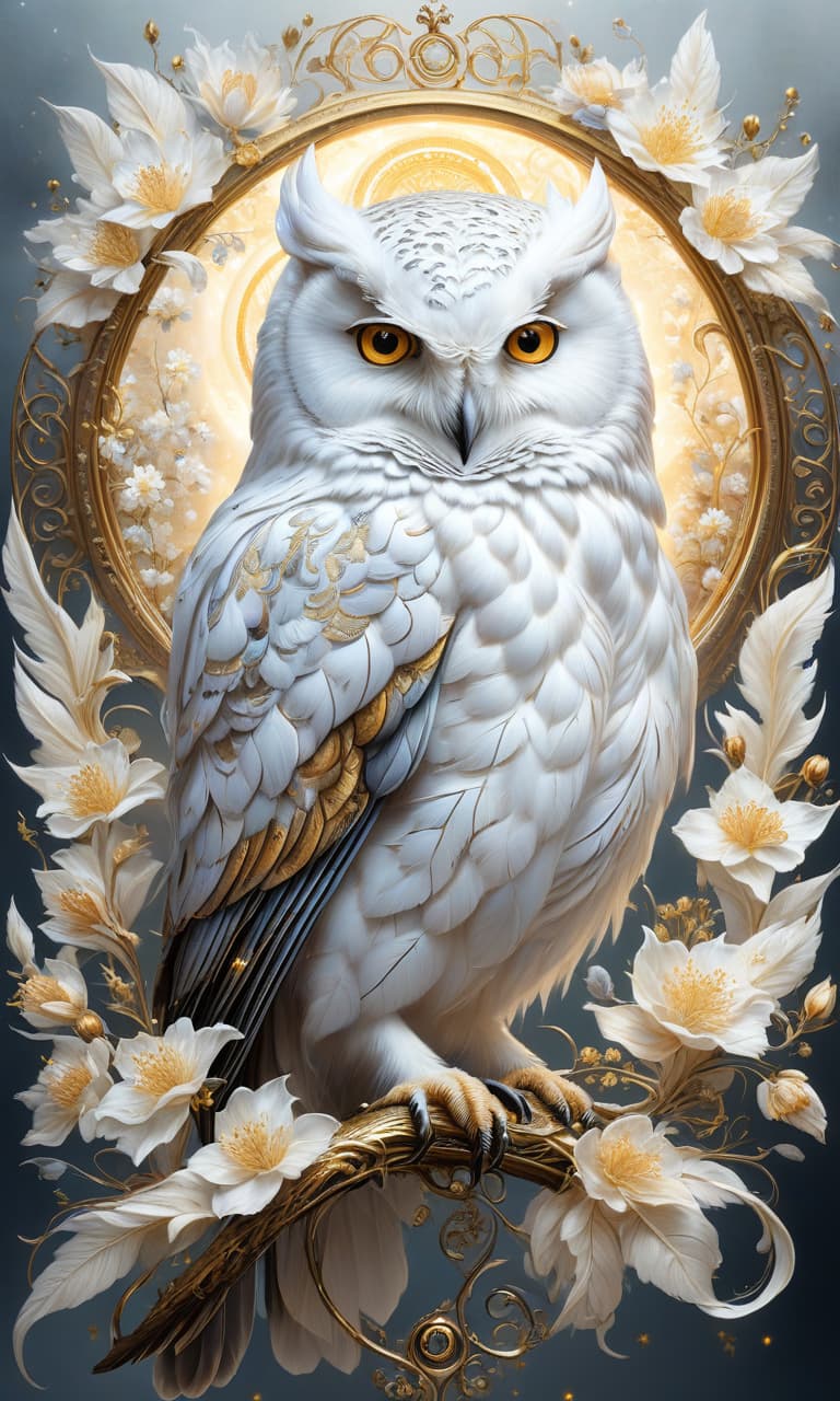  Digital illustration in ink and watercolor on vellum. Gorgeous correct, realistic white owl. Beautiful, majestic, mystical, epic appearance:: detailed white plumage. Background:: surreal abstract with runic circle, thin vines, forget me not flowers, fantastic golden blossoms. Glowing signs and sparkling particles. Detailed detailing. Stylistics: fairy tale, dream, fantasy, modern. In the manner of Peter Papikhin, Fragonard and Van Gogh. High quality, HDR. hyperrealistic, full body, detailed clothing, highly detailed, cinematic lighting, stunningly beautiful, intricate, sharp focus, f/1. 8, 85mm, (centered image composition), (professionally color graded), ((bright soft diffused light)), volumetric fog, trending on instagram, trending on tumblr, HDR 4K, 8K