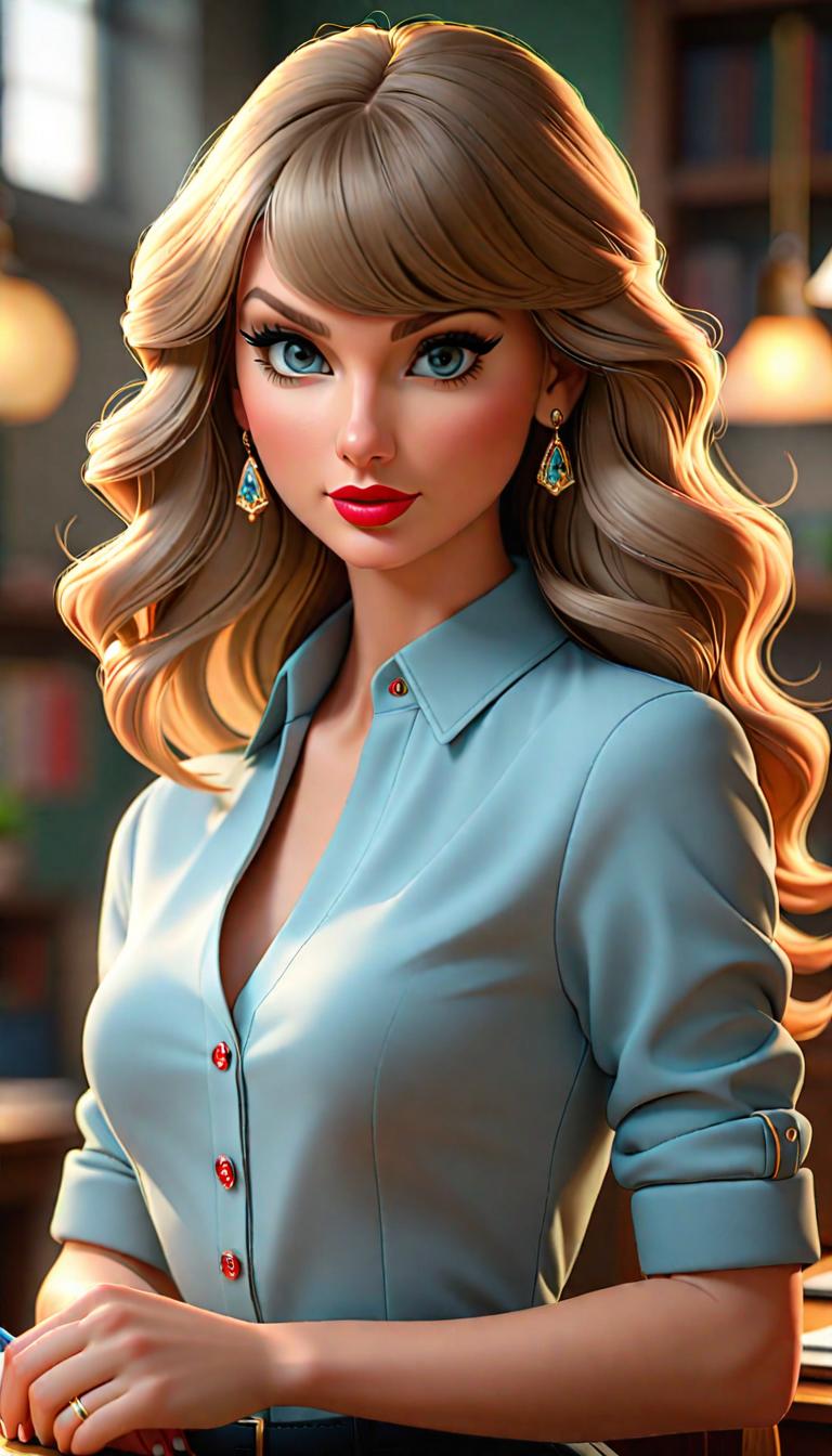  Professional 3D model of Taylor Swift as a teacher . Rendered with Octane, the model is highly detailed,dramatic lighting. hyperrealistic, full body, detailed clothing, highly detailed, cinematic lighting, stunningly beautiful, intricate, sharp focus, f/1. 8, 85mm, (centered image composition), (professionally color graded), ((bright soft diffused light)), volumetric fog, trending on instagram, trending on tumblr, HDR 4K, 8K