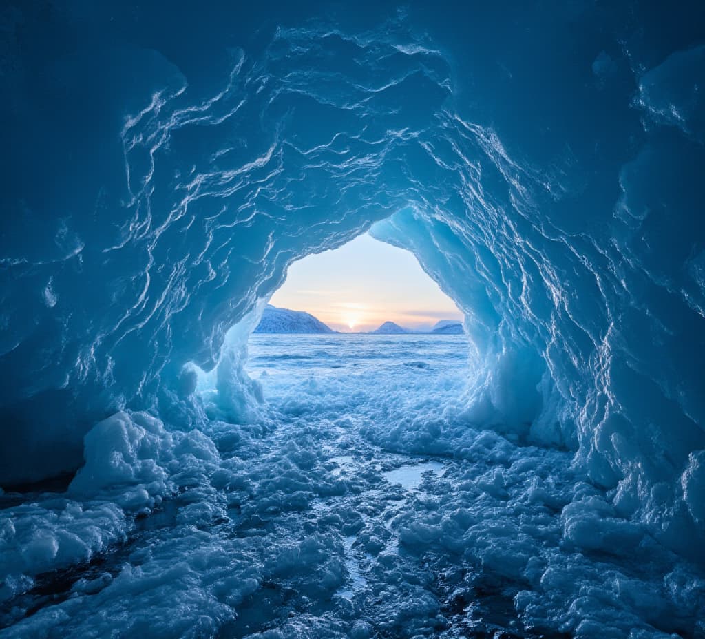  good quality, high quality, inside view of a crystal blue ice cave in iceland with a sunset visible through the opening