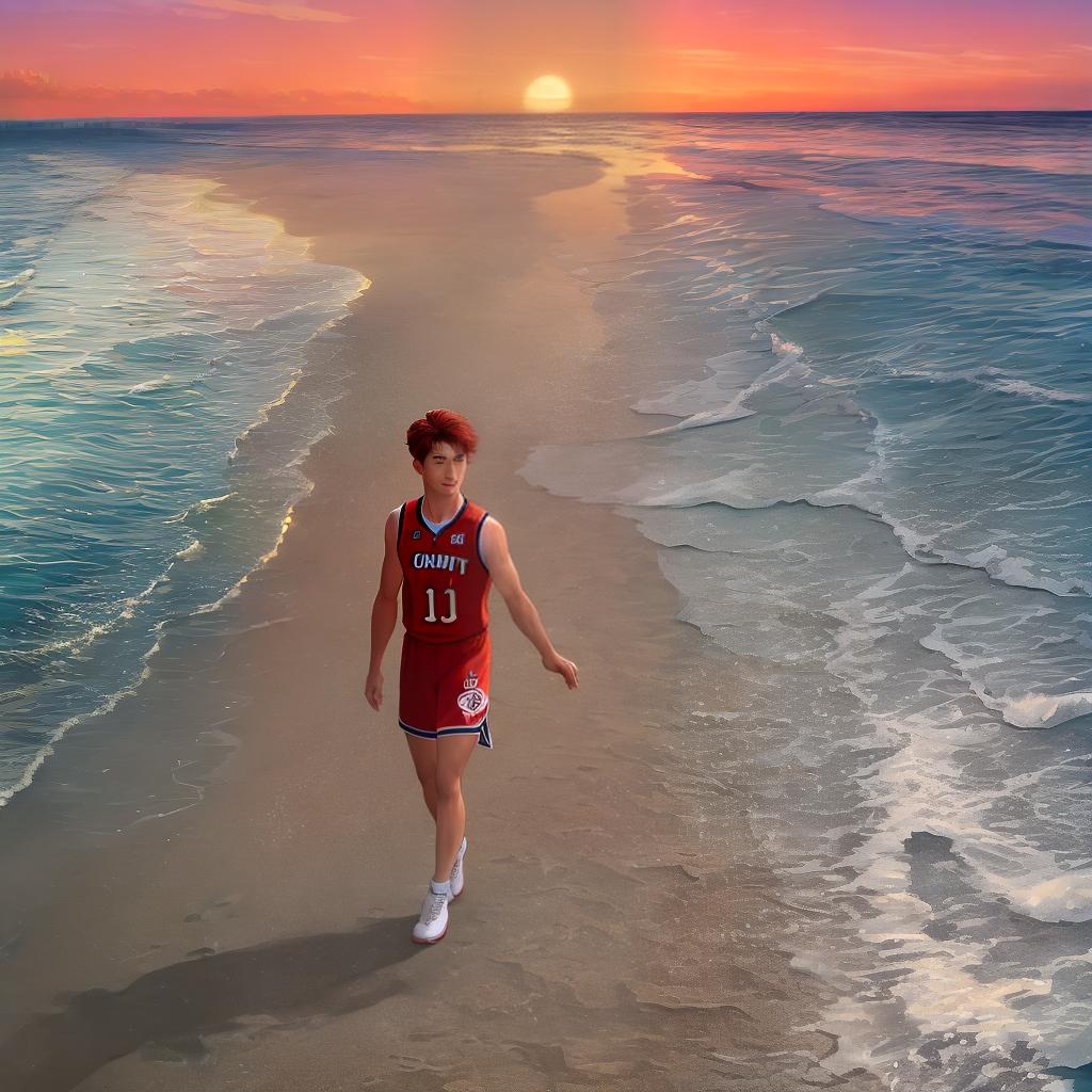  masterpiece, best quality, background: sunset, orange to purple sky, sparkling sea. Ocean: calm sea, with white waves near the beach. Beach: The fine sand has the footprints of Sakuragi Flower Road. Sakuragi said: wearing the red jersey of Xiangbei basketball team, back to the audience, walking on the beach, red hair in the setting sun is particularly conspicuous.