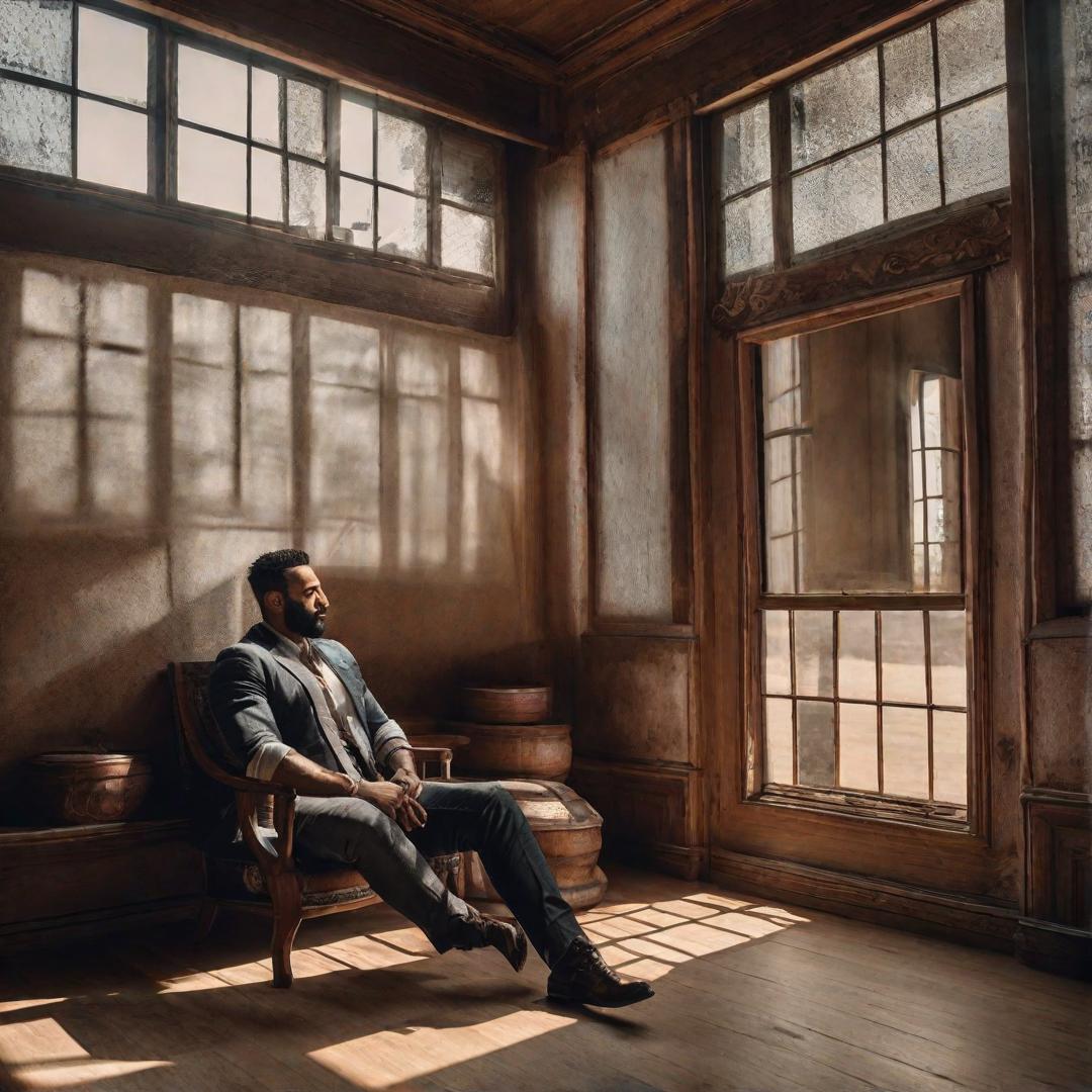  A man was sitting in an empty room. hyperrealistic, full body, detailed clothing, highly detailed, cinematic lighting, stunningly beautiful, intricate, sharp focus, f/1. 8, 85mm, (centered image composition), (professionally color graded), ((bright soft diffused light)), volumetric fog, trending on instagram, trending on tumblr, HDR 4K, 8K