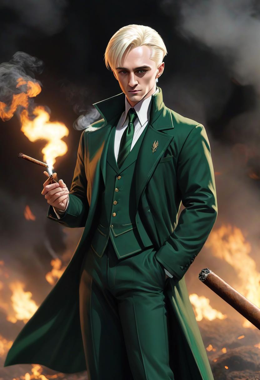  concept art Anime grown up Draco Malfoy with sunken cheeks, with white, combed back hair, and dark green eyes smokes a cigar. . digital artwork, illustrative, painterly, matte painting, highly detailed hyperrealistic, full body, detailed clothing, highly detailed, cinematic lighting, stunningly beautiful, intricate, sharp focus, f/1. 8, 85mm, (centered image composition), (professionally color graded), ((bright soft diffused light)), volumetric fog, trending on instagram, trending on tumblr, HDR 4K, 8K