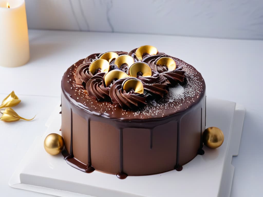  An ultradetailed closeup image of a perfectly glazed and meticulously decorated chocolate cake, sitting on a sleek, white marble surface. The glossy ganache coating reflects the soft studio lighting, highlighting intricate details like delicate chocolate curls and gold leaf accents. Every swirl and sprinkle is immaculately placed, creating a visually stunning and mouthwatering masterpiece that embodies professional dessert photography. hyperrealistic, full body, detailed clothing, highly detailed, cinematic lighting, stunningly beautiful, intricate, sharp focus, f/1. 8, 85mm, (centered image composition), (professionally color graded), ((bright soft diffused light)), volumetric fog, trending on instagram, trending on tumblr, HDR 4K, 8K