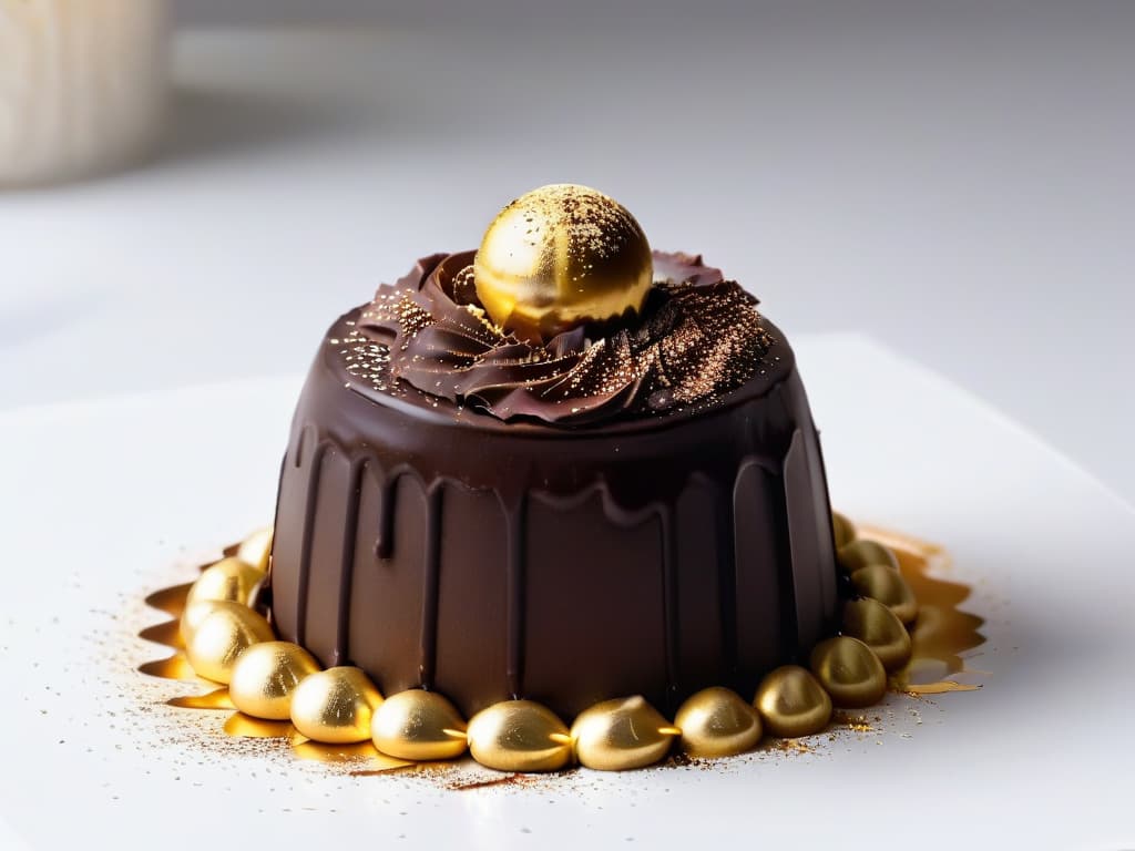  An ultradetailed closeup image of a delicate chocolate truffle being sprinkled with vibrant, shimmering edible gold dust, set against a stark white backdrop. The focus is crystal clear, capturing every tiny flake as it gently adheres to the velvety surface of the truffle, creating a mesmerizing contrast between the rich darkness of the chocolate and the luxurious golden hue. The textures are so lifelike that viewers can almost feel the smoothness of the truffle and the subtle weight of the edible gold, evoking a sense of indulgence and sensory delight. hyperrealistic, full body, detailed clothing, highly detailed, cinematic lighting, stunningly beautiful, intricate, sharp focus, f/1. 8, 85mm, (centered image composition), (professionally color graded), ((bright soft diffused light)), volumetric fog, trending on instagram, trending on tumblr, HDR 4K, 8K