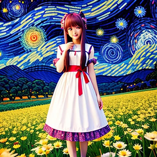  pretty anime girl, flowery field, starry night