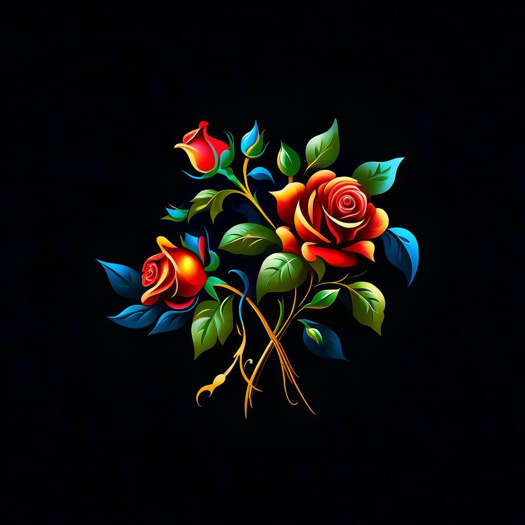  ethereal fantasy concept art of Fantasy bouquet of roses in the style of Zhostovo folk crafts.Bouquet consists of three roses. (Roses):colour of buds red, burgundy. (Leaves and twigs):colour azure, gold, yellow, amber. Background:dark blue, smoothly passing into black. . magnificent, celestial, ethereal, painterly, epic, majestic, magical, fantasy art, cover art, dreamy hyperrealistic, full body, detailed clothing, highly detailed, cinematic lighting, stunningly beautiful, intricate, sharp focus, f/1. 8, 85mm, (centered image composition), (professionally color graded), ((bright soft diffused light)), volumetric fog, trending on instagram, trending on tumblr, HDR 4K, 8K