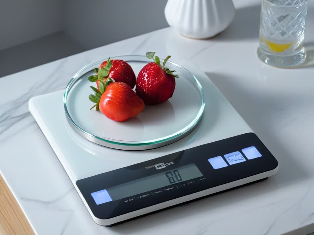  A closeup, ultradetailed image of a sleek, modern digital kitchen scale with a matte black finish, featuring a clear digital display showing precise measurements in grams. The scale sits on a pristine white marble countertop, illuminated by soft, natural light filtering through a nearby window, casting gentle shadows around the edges of the scale. The minimalist design of the scale exudes sophistication and precision, perfectly complementing the professional and inspiring tone of the article on maximizing the durability of digital kitchen scales for precise baking needs. hyperrealistic, full body, detailed clothing, highly detailed, cinematic lighting, stunningly beautiful, intricate, sharp focus, f/1. 8, 85mm, (centered image composition), (professionally color graded), ((bright soft diffused light)), volumetric fog, trending on instagram, trending on tumblr, HDR 4K, 8K