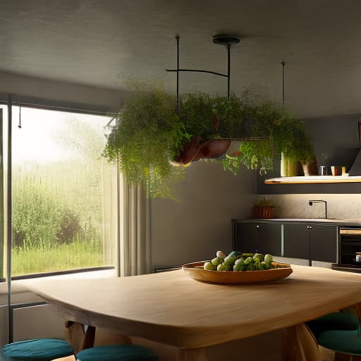 redshift style meditaraneam style kitchen with lots of plants on the floor, on the counter, and hanging from the ceiling