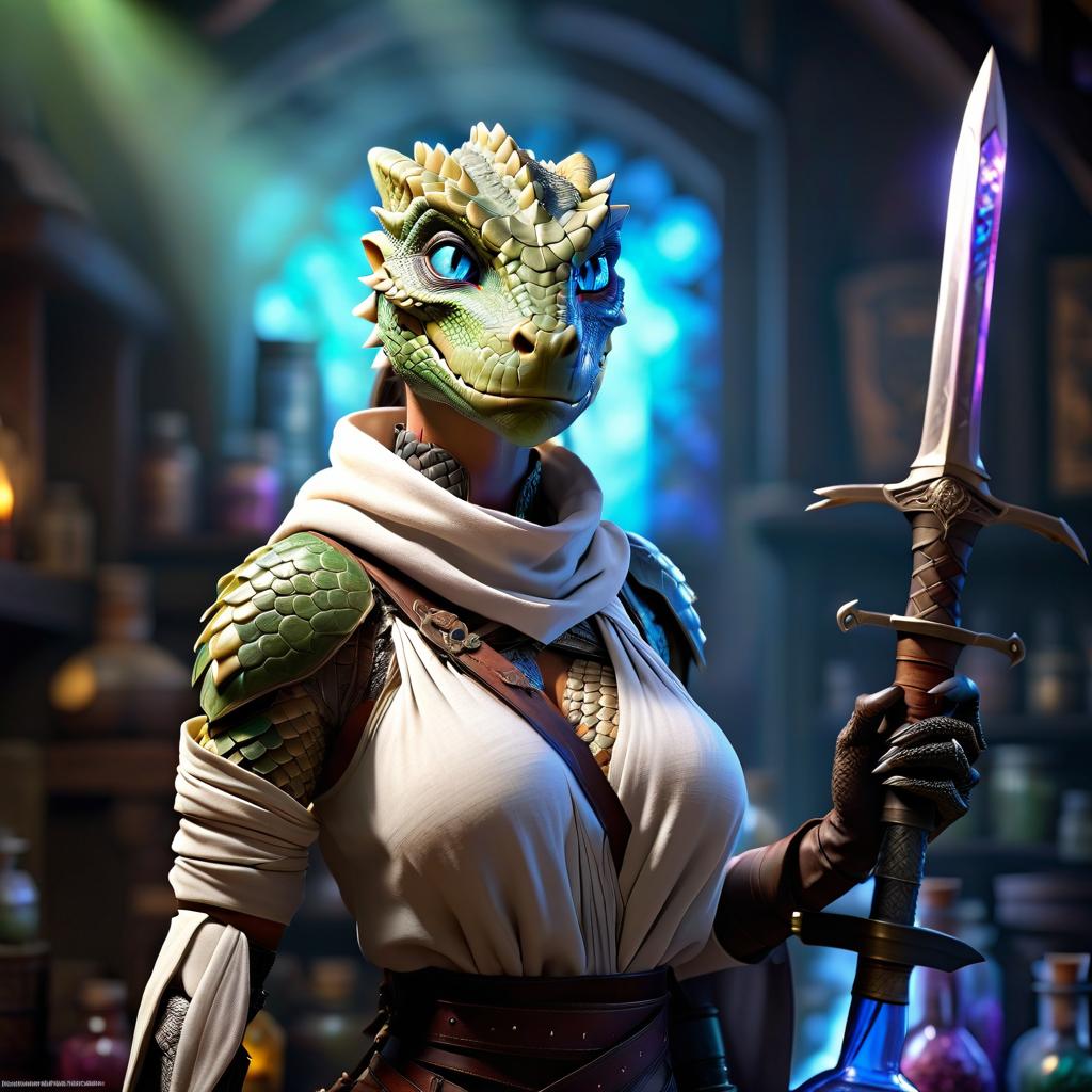  a woman, an Argonian, an alchemist with blue eyes, ash colored scales, a two handed sword on her back, surrounded by a bunch of colorful bottles with ingredients and potions, a rapier and a backpack in the corner of the room hyperrealistic, full body, detailed clothing, highly detailed, cinematic lighting, stunningly beautiful, intricate, sharp focus, f/1. 8, 85mm, (centered image composition), (professionally color graded), ((bright soft diffused light)), volumetric fog, trending on instagram, trending on tumblr, HDR 4K, 8K