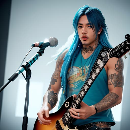  punk rocker eric melvin as a dinosaur with tattoos and long hanging blue dreadlocks no shirt and wearing shorts playing a guitar 4k, 4k, 8k, caricature hyperrealistic, full body, detailed clothing, highly detailed, cinematic lighting, stunningly beautiful, intricate, sharp focus, f/1. 8, 85mm, (centered image composition), (professionally color graded), ((bright soft diffused light)), volumetric fog, trending on instagram, trending on tumblr, HDR 4K, 8K