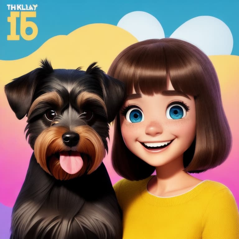  a disney pixar poster with a very dark-haired girl like eyes and has a small mole in the right side of the face near the nose. She’s got her nose up .she has the skin of an olive color. With her there is also a dog, a very bright Yorkshire terrier and two huge eyes. They are both very happy and smiling