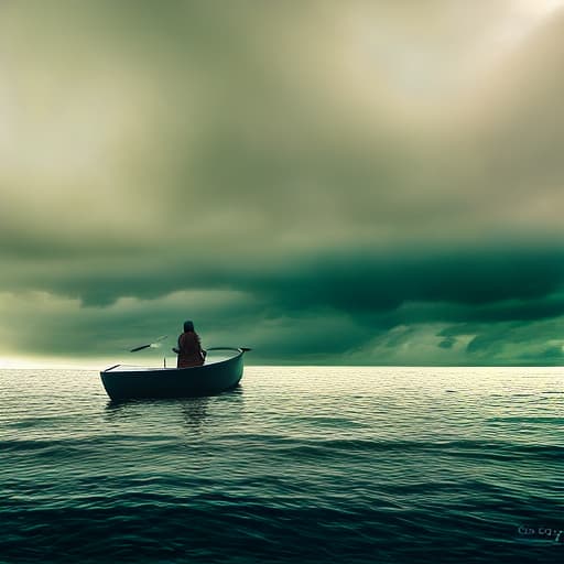 dublex style lonely, strong viking. On his small vikingboat in the stormy sea.
