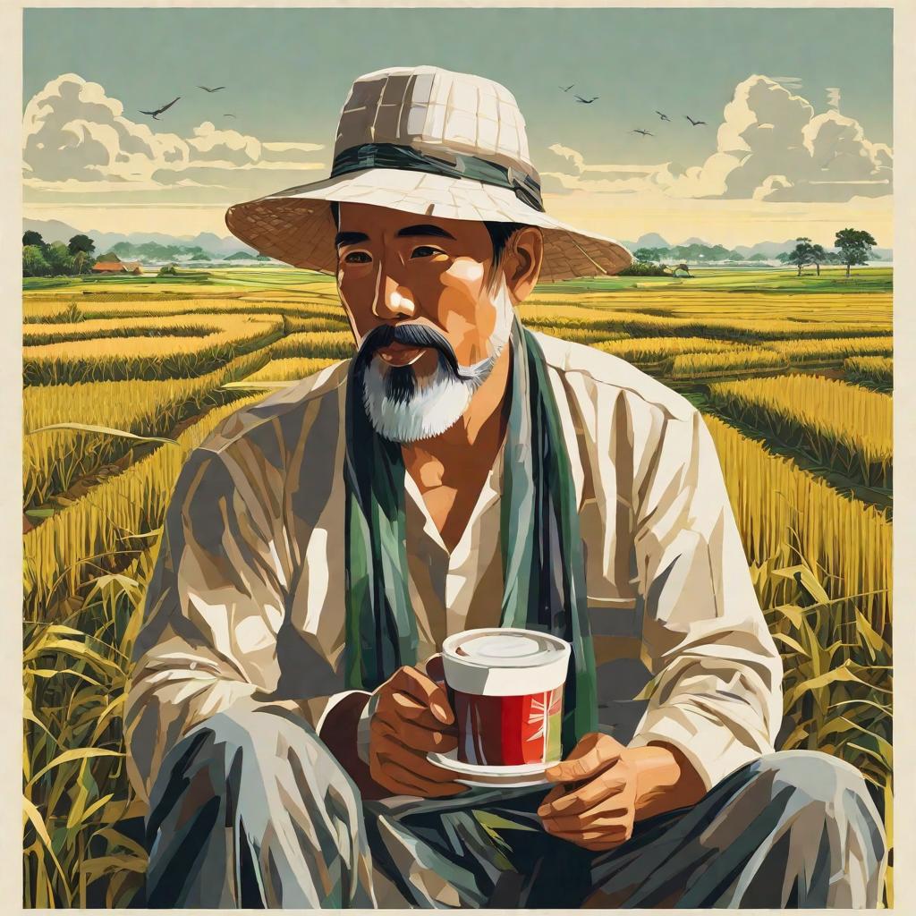  masterpiece, best quality, A man, in his 40s, 168cm tall, wearing a sarong, wearing a cap, sitting in a rice field, drinking coffee, holding a cigarette