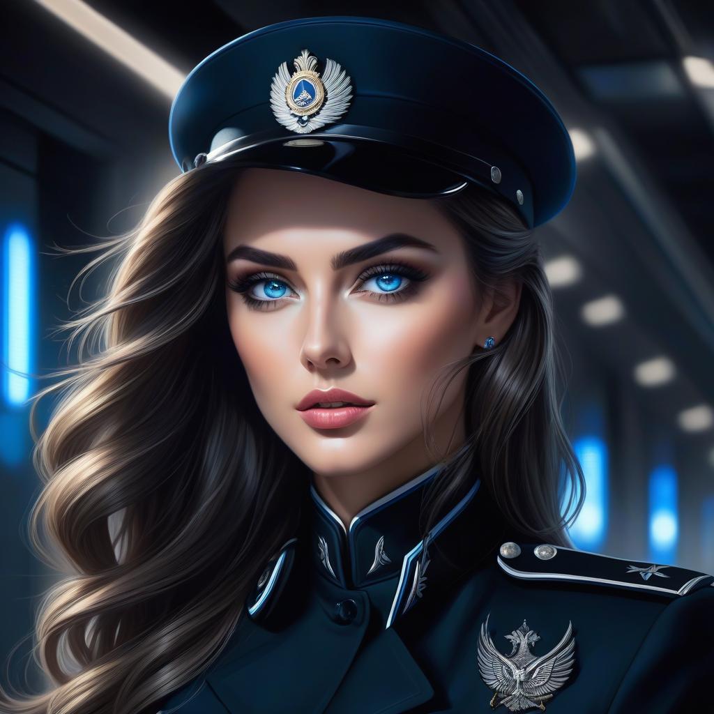  Realistically, a young in black military uniform, the has nut long hair, gray green eyes, the in a black RUNS DOWN THE CORRIDOR lit by blue spotlights, clear focus, bright captivating eyes, well drawn details, bright vivid eyes, beautiful portrait ilration, portrait in the style of fantasy, blue and white accents, bright colors, bright eyes, fantastic art, elaborate design, highly detailed, clear focus, 8k, high resolution, elegant. hyperrealistic, full body, detailed clothing, highly detailed, cinematic lighting, stunningly beautiful, intricate, sharp focus, f/1. 8, 85mm, (centered image composition), (professionally color graded), ((bright soft diffused light)), volumetric fog, trending on instagram, trending on tumblr, HDR 4K, 8K