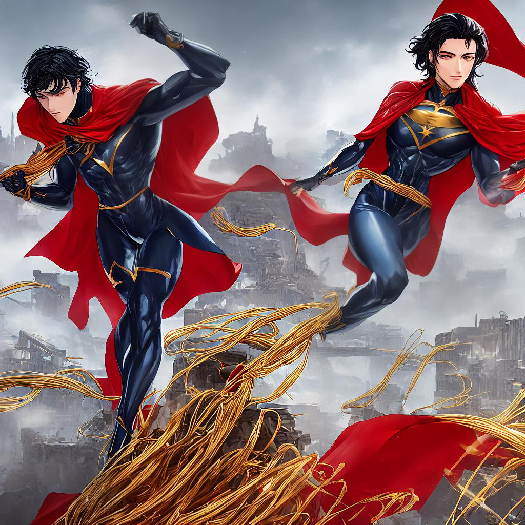  ((masterpiece)), (((best quality))), 8k, high detailed, ultra-detailed. A golden age comic style superhero with pale skin, jet black hair, and a blue skinsuit, wearing a red cape, is prominently eating spaghetti. hyperrealistic, full body, detailed clothing, highly detailed, cinematic lighting, stunningly beautiful, intricate, sharp focus, f/1. 8, 85mm, (centered image composition), (professionally color graded), ((bright soft diffused light)), volumetric fog, trending on instagram, trending on tumblr, HDR 4K, 8K