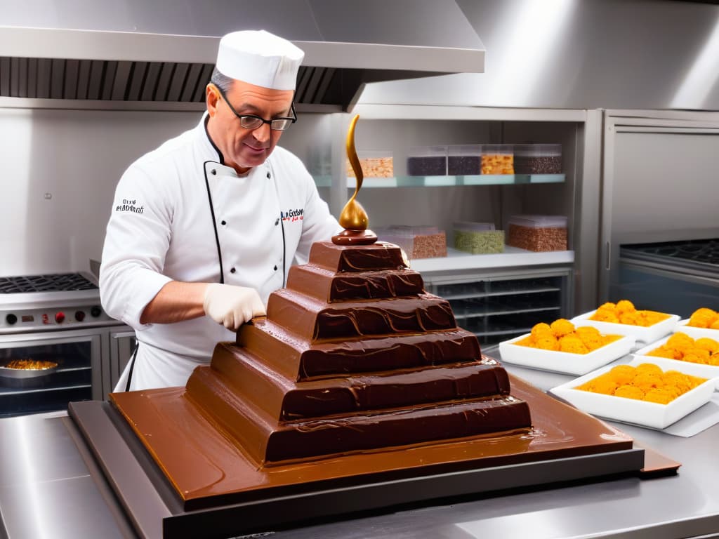  An ultradetailed, minimalist image of Jacques Torres meticulously handcrafting a decadent chocolate sculpture, surrounded by an array of premium chocolate ingredients in a sleek, modern kitchen studio. The image captures the intense focus and passion in his eyes as he works, showcasing the artistry and precision behind his success in the world of chocolatemaking. hyperrealistic, full body, detailed clothing, highly detailed, cinematic lighting, stunningly beautiful, intricate, sharp focus, f/1. 8, 85mm, (centered image composition), (professionally color graded), ((bright soft diffused light)), volumetric fog, trending on instagram, trending on tumblr, HDR 4K, 8K