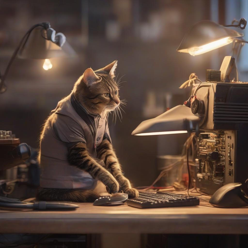  A cat in clothes is fixing the computer. hyperrealistic, full body, detailed clothing, highly detailed, cinematic lighting, stunningly beautiful, intricate, sharp focus, f/1. 8, 85mm, (centered image composition), (professionally color graded), ((bright soft diffused light)), volumetric fog, trending on instagram, trending on tumblr, HDR 4K, 8K