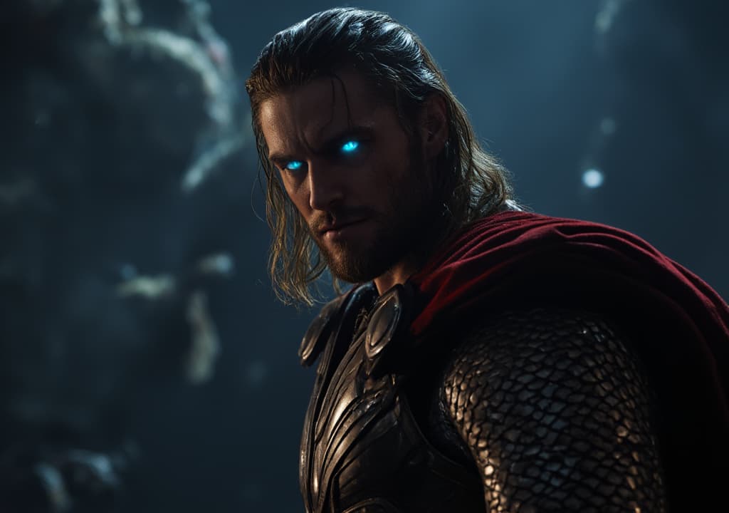  good quality, high quality, a hyper realistic close up portrait of thor, with his glowing blue eyes piercing through the darkness, wearing hus iconic red cape and blue armor, with intricate details, looking directly to the camera , asgard blurred background , emphasizes his fierce presence, dark palette, cinematic, epic realism,8k, highly detailed