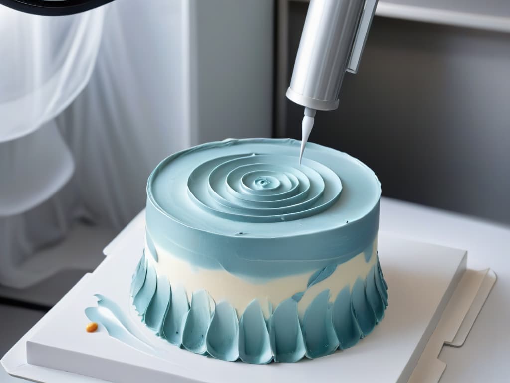  A closeup, ultradetailed image of a sleek, modern fondant extruder machine in action, showcasing its intricate design and precise functionality. The machine features a minimalist color palette of white and silver, with subtle futuristic accents. The fondant being extruded is smooth and glossy, creating a mesmerizing pattern as it emerges from the machine's nozzle. Each detail is crisp and clear, highlighting the advanced technology and innovation in the world of pastry arts. hyperrealistic, full body, detailed clothing, highly detailed, cinematic lighting, stunningly beautiful, intricate, sharp focus, f/1. 8, 85mm, (centered image composition), (professionally color graded), ((bright soft diffused light)), volumetric fog, trending on instagram, trending on tumblr, HDR 4K, 8K