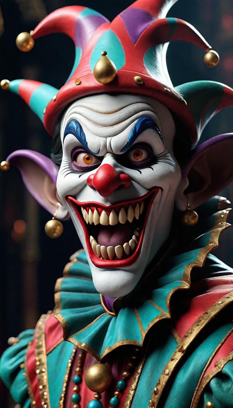  Professional 3D model of a sinister jester in a dark carnival. Dark, mysterious, scary, haunting, dramatic, ornate, detailed. . Rendered with Octane, the model is highly detailed,dramatic lighting. hyperrealistic, full body, detailed clothing, highly detailed, cinematic lighting, stunningly beautiful, intricate, sharp focus, f/1. 8, 85mm, (centered image composition), (professionally color graded), ((bright soft diffused light)), volumetric fog, trending on instagram, trending on tumblr, HDR 4K, 8K