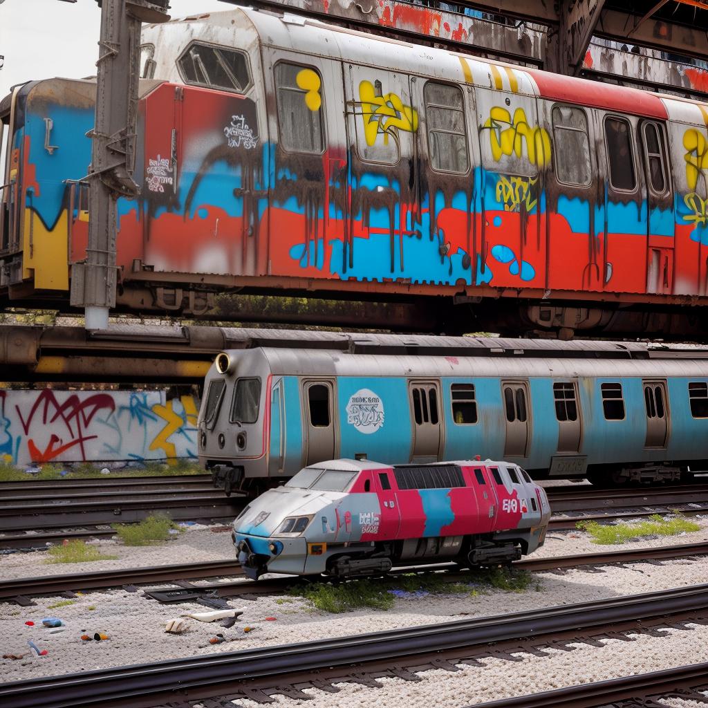 16k high quality photo, sharp detail, masterpiece, side view, old abandoned subway train yard, graffiti, robots in love, 16k high quality photo, sharp detail