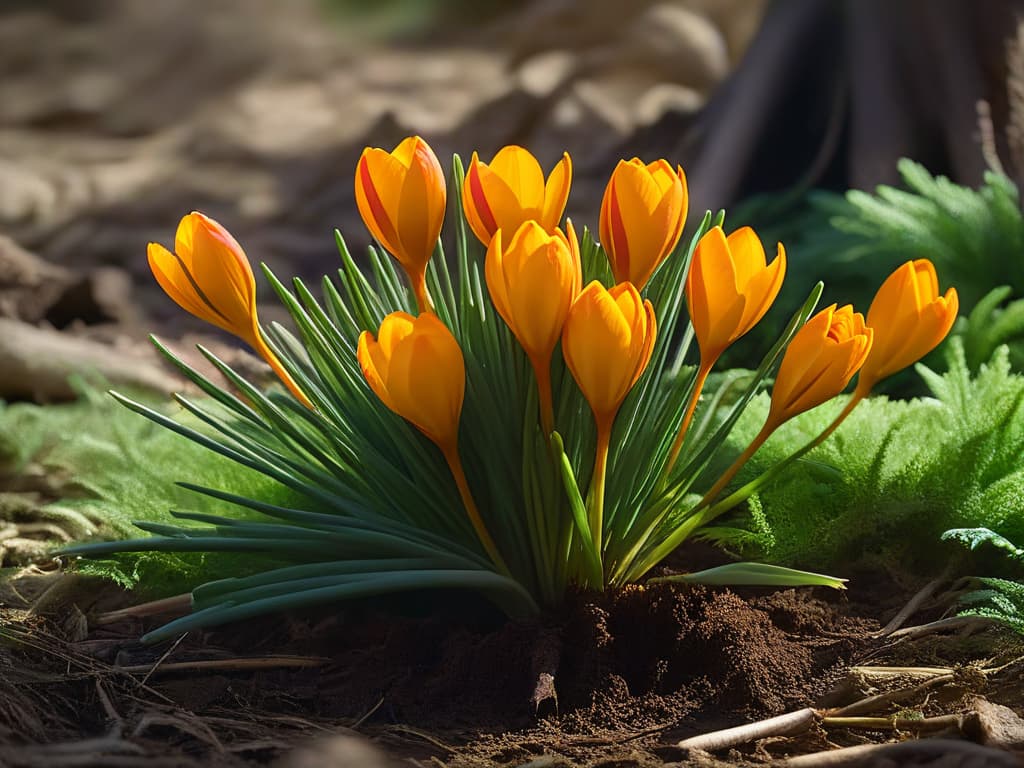  An ultradetailed, 8k resolution image of a single vibrant saffron crocus flower standing elegantly against a blurred background. The intricate details of the flower's delicate petals, fiery red stigma, and slender green leaves are showcased in exquisite clarity, capturing the essence of this precious spice. The warm sunlight gently illuminates the flower, casting soft shadows and creating a mesmerizing play of light and color. This minimalistic yet captivating image evokes a sense of luxury and sophistication, perfectly complementing the unique characteristics of saffron described in the article. hyperrealistic, full body, detailed clothing, highly detailed, cinematic lighting, stunningly beautiful, intricate, sharp focus, f/1. 8, 85mm, (centered image composition), (professionally color graded), ((bright soft diffused light)), volumetric fog, trending on instagram, trending on tumblr, HDR 4K, 8K