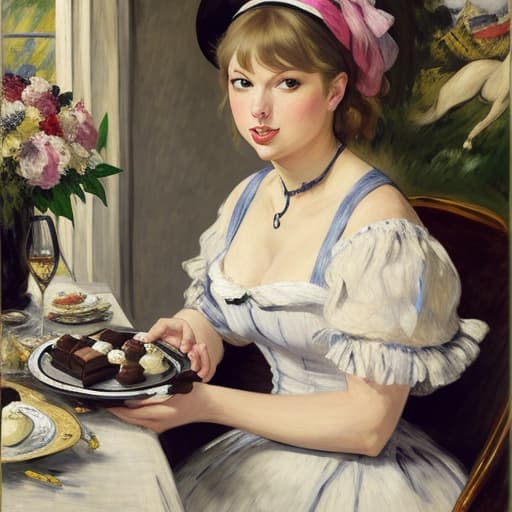  Happy beautiful Taylor Swift with pink cheeks and streaks of sunlight on her, gazing at a piece of fine dark chocolate, painted in the style of Édouard Manet. Foreground has a plate of fine dark chocolates on a coffee table. Background has a thoroughbred horses, white horse fences, limestone fences