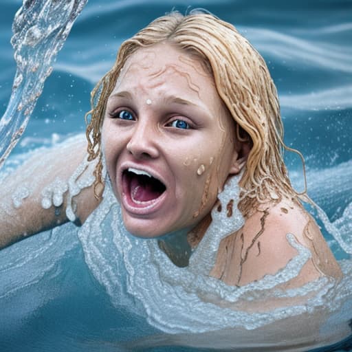  tanned blonde woman's face is in the water she's drowning she's screaming and panic a lot of water waves and splashes around her