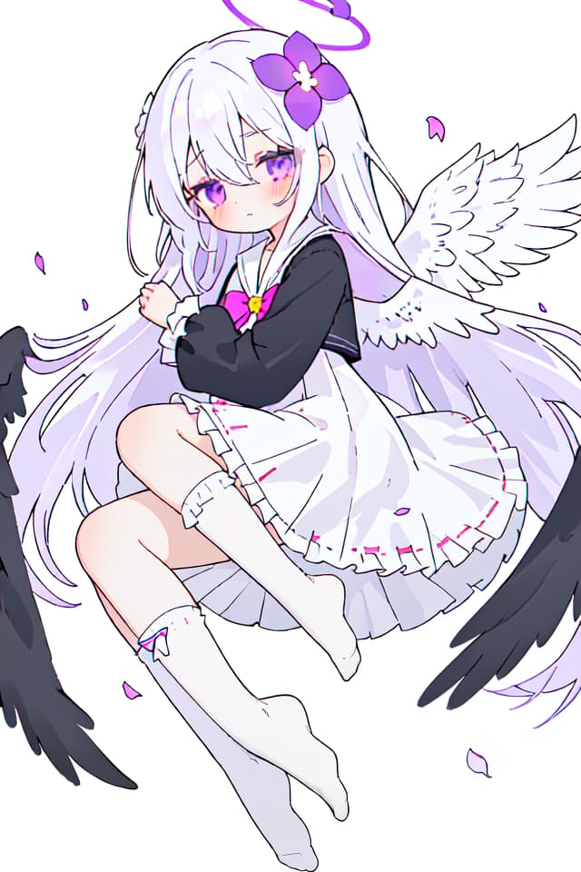  1girl,halo,on side,no shoes, hair ornament,white background,low wings,flower,black dress,feathered wings,blush,white sailor collar,very long hair,hair between eyes,closed mouth,frilled dress,white hair,dress,puffy long sleeves,,white wings,long sleeves,lying,puffy sleeves,socks,long hair,purple eyes,wings,hair flower,pleated dress,ribbon trim,sailor collar,high socks,solo,frills,white socks,crossover,loose socks,sailor dress,petals,bow,simple background,ribbon trimmed sleevesmasterpiece,newest,absurdres,safe