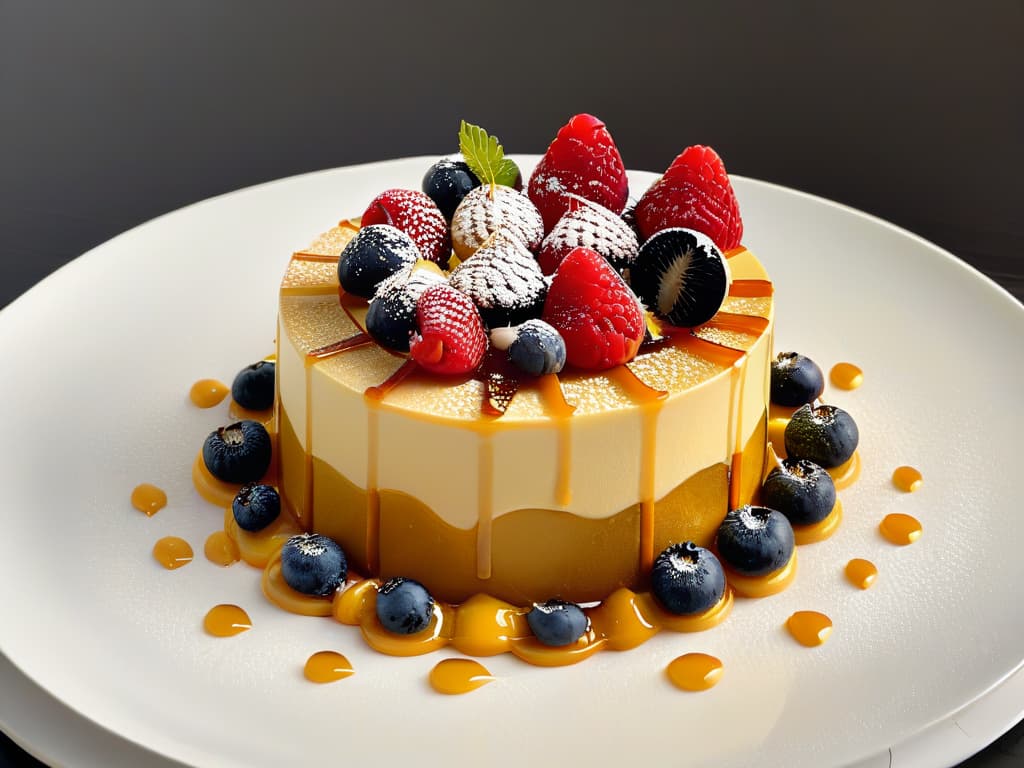  A closeup, ultradetailed image of a delicate, intricately designed dessert showcasing the artistry and craftsmanship of a pastry chef. The dessert is elegantly plated on a minimalist white porcelain dish, with a drizzle of golden honey cascading down the side, highlighting the use of natural sweeteners in culinary art. The dessert features layers of fine pastry, airy mousse, and fresh berries, all meticulously arranged to create a visually stunning and mouthwatering masterpiece. The play of light and shadow accentuates the textures and colors of the dessert, evoking a sense of sophistication and indulgence. hyperrealistic, full body, detailed clothing, highly detailed, cinematic lighting, stunningly beautiful, intricate, sharp focus, f/1. 8, 85mm, (centered image composition), (professionally color graded), ((bright soft diffused light)), volumetric fog, trending on instagram, trending on tumblr, HDR 4K, 8K