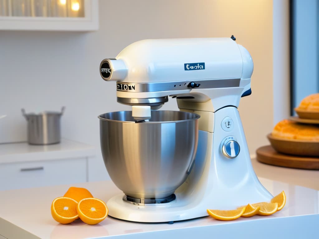  A closeup, ultradetailed image of a sleek, modern kitchen stand mixer in a pristine white color, highlighted by soft, natural light streaming in from a nearby window. The mixer's smooth lines and polished metallic accents gleam, showcasing the perfect fusion of technology and tradition in modern baking. The image exudes a sense of precision, innovation, and sophistication, reflecting the seamless integration of industrial revolution advancements into contemporary pastrymaking practices. hyperrealistic, full body, detailed clothing, highly detailed, cinematic lighting, stunningly beautiful, intricate, sharp focus, f/1. 8, 85mm, (centered image composition), (professionally color graded), ((bright soft diffused light)), volumetric fog, trending on instagram, trending on tumblr, HDR 4K, 8K