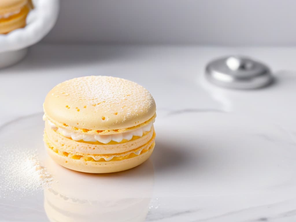  A closeup, ultradetailed image of a perfectly baked, glutenfree macaron with a smooth, shiny surface, delicate feet, and a light dusting of powdered sugar on a pristine white marble countertop. The soft pastel color of the macaron contrasts elegantly with the clean, minimalist background, highlighting its flawless texture and tempting appearance. hyperrealistic, full body, detailed clothing, highly detailed, cinematic lighting, stunningly beautiful, intricate, sharp focus, f/1. 8, 85mm, (centered image composition), (professionally color graded), ((bright soft diffused light)), volumetric fog, trending on instagram, trending on tumblr, HDR 4K, 8K