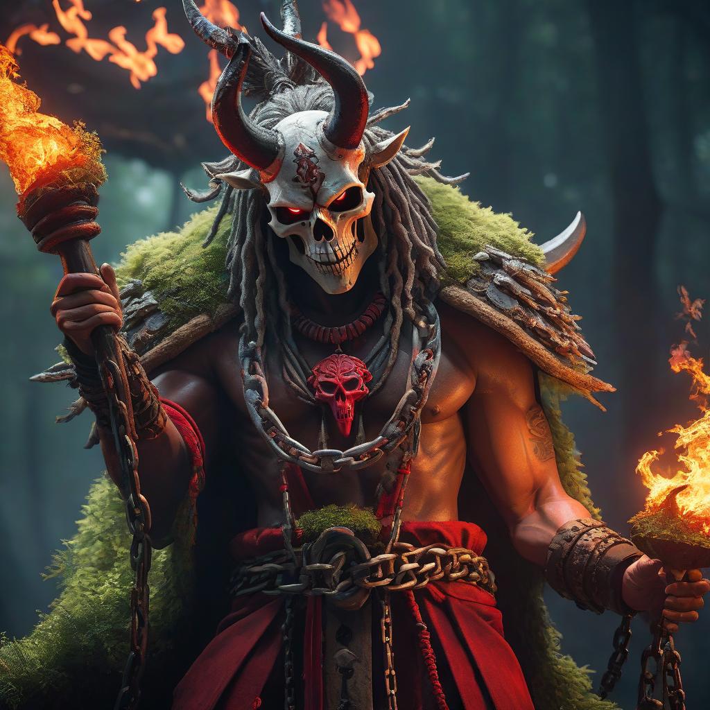  Primitive shaman, evil, aggression, fire everywhere, moss, chains, red neon, animal skull, anime. hyperrealistic, full body, detailed clothing, highly detailed, cinematic lighting, stunningly beautiful, intricate, sharp focus, f/1. 8, 85mm, (centered image composition), (professionally color graded), ((bright soft diffused light)), volumetric fog, trending on instagram, trending on tumblr, HDR 4K, 8K