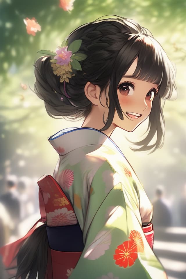  (absurdres,highres,superlative),(((texture))),(((contrast))),((top quality,masterpiece)),((insanely detailed lighting)),((dappled sunlight,tree shade)),(outdoors),(madeon) BREAK solo,girl,kawaii,looking back,(wide eyed),wearing kimono,hair flower,black hair,hair up,show off nape,[happy smile],