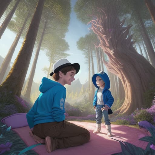  young, loli, 80's fantasy art, a young boy named Finn with blue hoodie, jeans, and a white hat, and a magical dog Jake, stretching in a tent with bright morning light filtering in. Jake is smiling and looks relaxed. They are having a conversation before embarking on an adventure. The surrounding is a surreal landscape with strange trees and colorful flora.