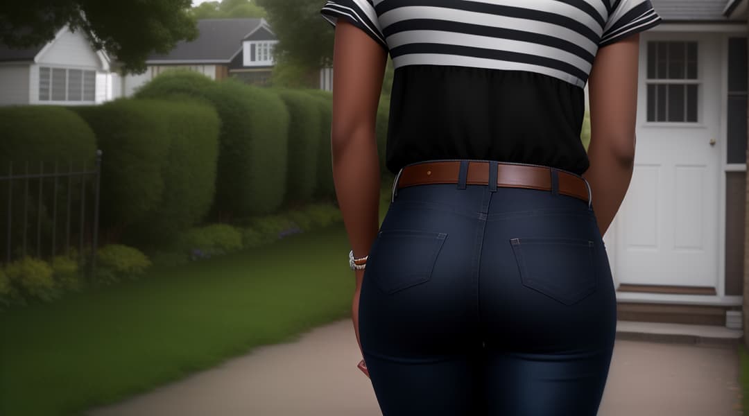  A portrait of a English young black woman with Afro in a black and white striped short-sleeved t-shirt, a tight pair of blue jeans and black shoes; in the backdrop of the house through the driveway; carrying a pocket knife; back view; London, England, cinematic, realistic; HD, Ultra HD, hyperrealistic, high quality, highly detailed, perfect lighting, intricate, sharp focus, f/1. 8, 85mm, (centered image composition), (professionally color graded), ((bright soft diffused light)), trending on instagram, HDR 4K, 8K