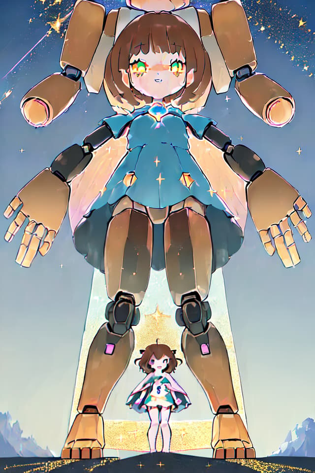  (pair of and Giant humanoid robot:1.5),(a giant humanoide robot than a is escorting 's behind:1.3),,cute face,kawaii,cheerful,smug,teeth,(mini summer dress,cloak),((large s,crossed arms)),(standing,open stance),(brown hair,short hair,blunt bangs,hair up),beautiful detailed eyes,(Giant humanoid robot,oversized robot,mysterious robot face and head and arms and hands and and hip and legs and foots),(((symmetrical posing at distance))),(top quality,masterpiece:1.3),(highres:1.3),(beautiful sky,beach),(Glitter:1.4),(madeon,full body),(wide view),((from below)),((group focus)),