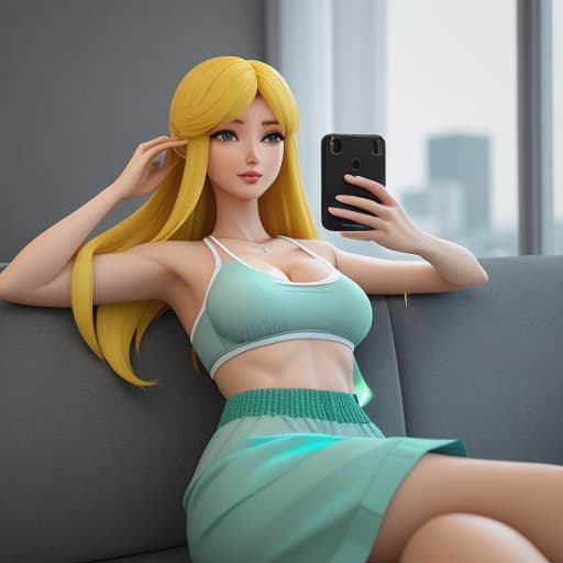  melhorou mais pode ser ainda melhora o rosto tem que ser anime japonês, bem cartoon //estilo anime: manda foto de uma mulher loira , de cabelos amarelos de Pele branca, seu rosto é um 3d estilo anime, ela está sentada em seu sofá usando roupas casuais , tranquilamente mandando uma selfie do seu próprio rosto Liara, an exquisite anime character with sunshine yellow hair and porcelain-like skin, sits gracefully on her couch in her cute cartoonish 3D world. Her big captivating emerald green eyes sparkle under the soft light emanating from the animated screen where she lives, surrounded by a cozy ambiance that embraces this fantastical space. She wears simple yet charming attire composed of comfy blue shorts that fit tightly against he hyperrealistic, full body, detailed clothing, highly detailed, cinematic lighting, stunningly beautiful, intricate, sharp focus, f/1. 8, 85mm, (centered image composition), (professionally color graded), ((bright soft diffused light)), volumetric fog, trending on instagram, trending on tumblr, HDR 4K, 8K