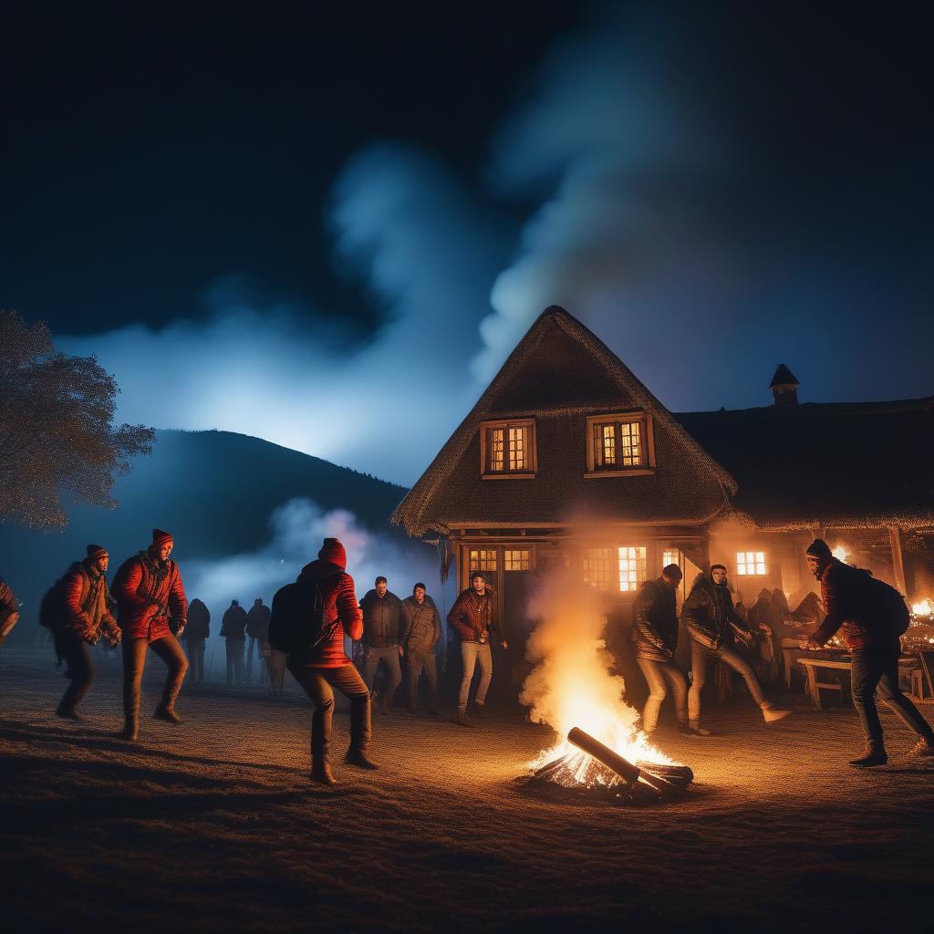  Village, night, people jumping over a fire, Programmers with laptops hyperrealistic, full body, detailed clothing, highly detailed, cinematic lighting, stunningly beautiful, intricate, sharp focus, f/1. 8, 85mm, (centered image composition), (professionally color graded), ((bright soft diffused light)), volumetric fog, trending on instagram, trending on tumblr, HDR 4K, 8K