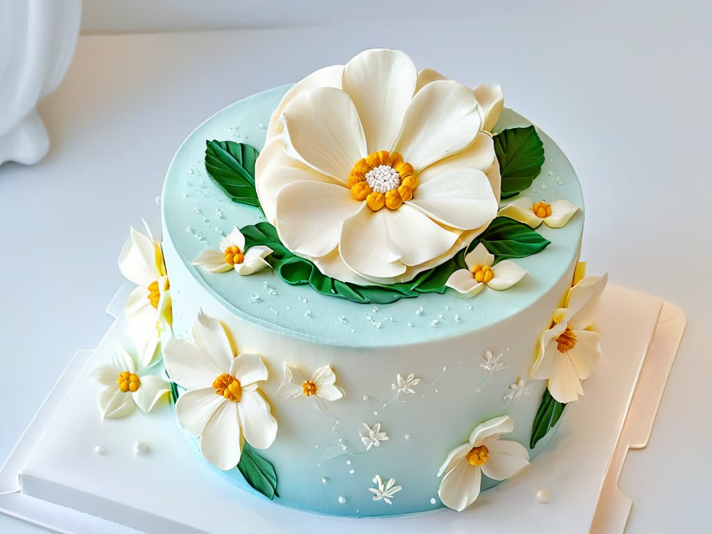  A closeup, ultradetailed image of a delicate, intricately designed sugar flower resting on a pristine white fondant cake. The flower showcases lifelike details, from the delicate petals to the subtle gradients of color, all set against a perfectly smooth and flawless cake surface. The image captures the artistry and precision of Lara Gilmore's pastry creations, emphasizing the beauty and skill behind each masterpiece. hyperrealistic, full body, detailed clothing, highly detailed, cinematic lighting, stunningly beautiful, intricate, sharp focus, f/1. 8, 85mm, (centered image composition), (professionally color graded), ((bright soft diffused light)), volumetric fog, trending on instagram, trending on tumblr, HDR 4K, 8K