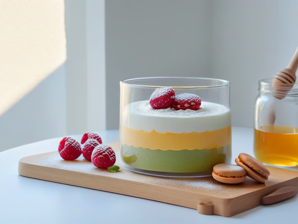  An ultradetailed image of a pristine, white kitchen countertop with an assortment of glutenfree baking ingredients neatly arranged. A sleek, modern glass mixing bowl filled with almond flour, a stack of pastelcolored macarons, a vintage wooden spoon resting next to a jar of honey, and a scattering of fresh raspberries add pops of color to the minimalist scene. The natural light filtering in through a nearby window casts soft shadows, enhancing the textures of the ingredients and creating a serene, inviting atmosphere for glutenfree baking enthusiasts. hyperrealistic, full body, detailed clothing, highly detailed, cinematic lighting, stunningly beautiful, intricate, sharp focus, f/1. 8, 85mm, (centered image composition), (professionally color graded), ((bright soft diffused light)), volumetric fog, trending on instagram, trending on tumblr, HDR 4K, 8K