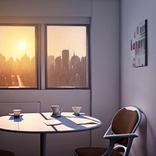 redshift style Futuristic style. Deck of cards and cup of tea over white table. Sunset through a window with a city view. White and soft tones.