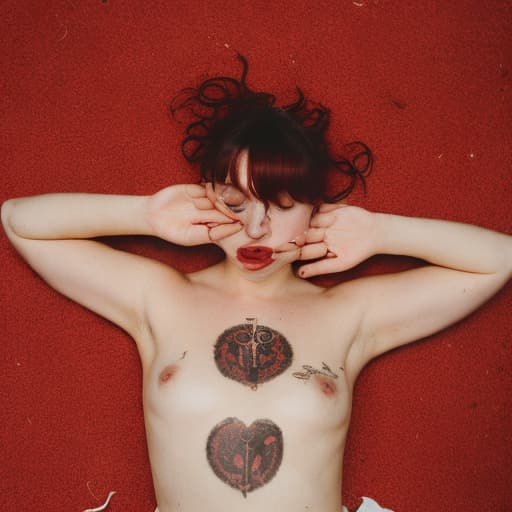 analog style photorealistic, ultra high resolution photo of cute young goth female topless, red black red hair, bangs, (Keith written on her arm), from above, toned body, clear, sharp focus, symmetrical facial features, 4k uhd, real life person