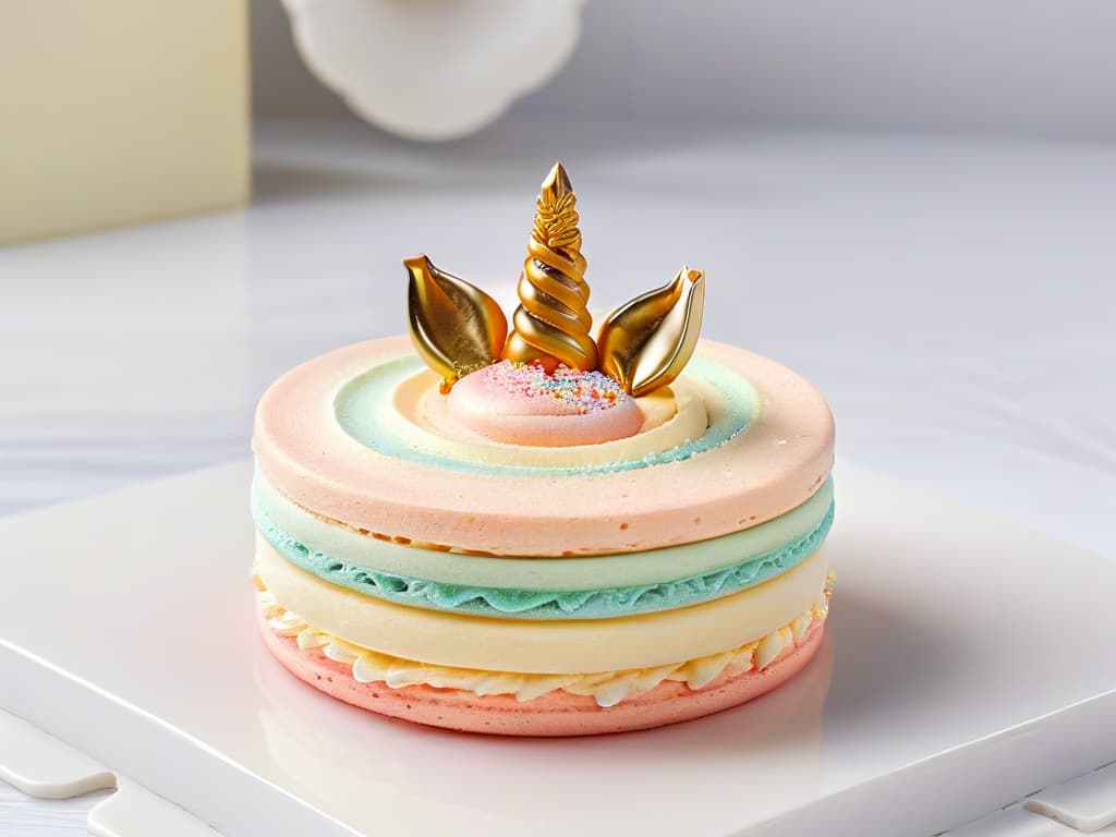  A closeup, ultradetailed image of a pastelcolored unicorn macaron delicately placed on a pristine white marble surface. The macaron features intricate swirls of rainbow colors, shimmering edible glitter, and a tiny golden horn. The background is softly blurred, emphasizing the immaculate details of the unicorn macaron, creating a visually striking and minimalist composition. hyperrealistic, full body, detailed clothing, highly detailed, cinematic lighting, stunningly beautiful, intricate, sharp focus, f/1. 8, 85mm, (centered image composition), (professionally color graded), ((bright soft diffused light)), volumetric fog, trending on instagram, trending on tumblr, HDR 4K, 8K