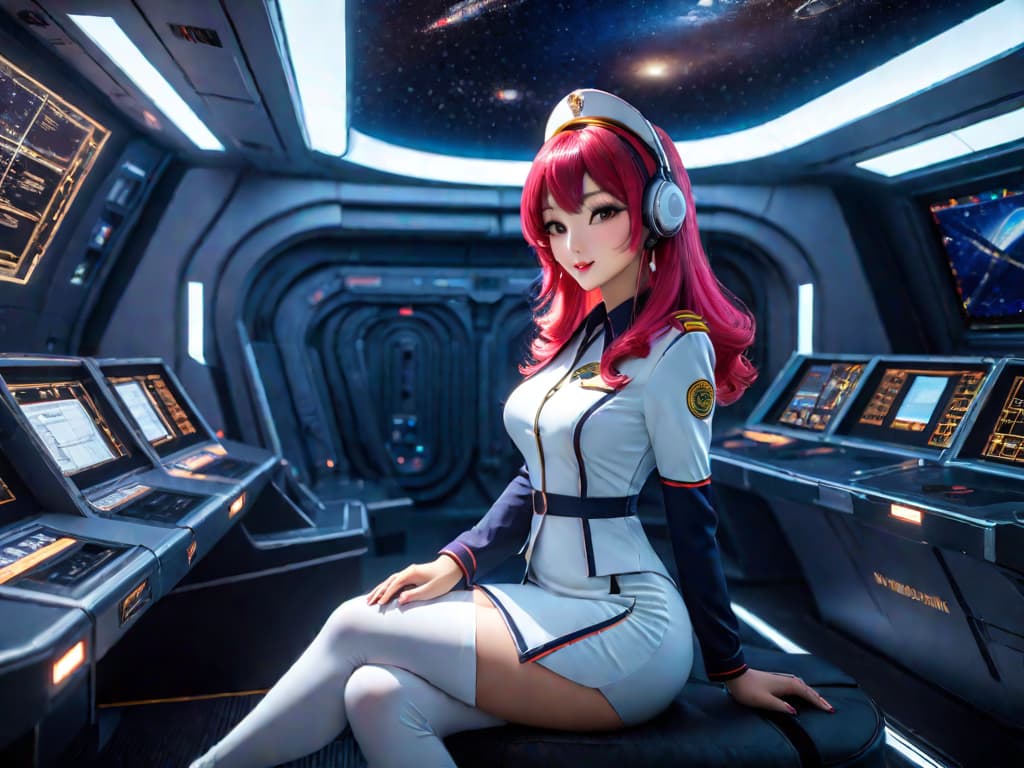  image: masterpiece, high quality, (professionally color graded), detailed clothing, highly detailed, cinematic lighting, stunningly beautiful, 1: beautiful asian, slim waist, slim build, 2 huge fake s, normal hips, medium sized round , fit, tanned, long dark neon hair, costume: outer space flight attendant uniform, location: luxurious lounge in a recreational space station, view: dynanic view, pose: hey , let me feel your ;)