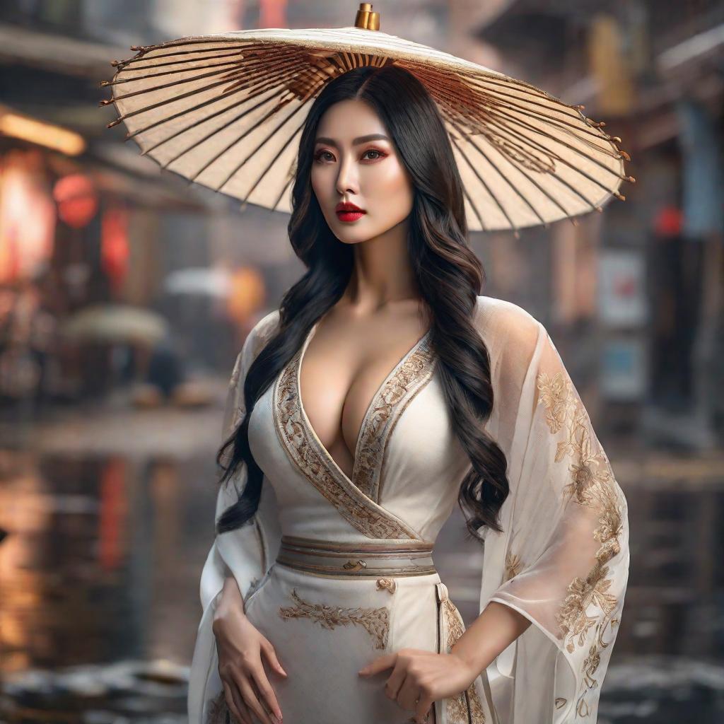  mujer asiática hyperrealistic, full body, detailed clothing, highly detailed, cinematic lighting, stunningly beautiful, intricate, sharp focus, f/1. 8, 85mm, (centered image composition), (professionally color graded), ((bright soft diffused light)), volumetric fog, trending on instagram, trending on tumblr, HDR 4K, 8K