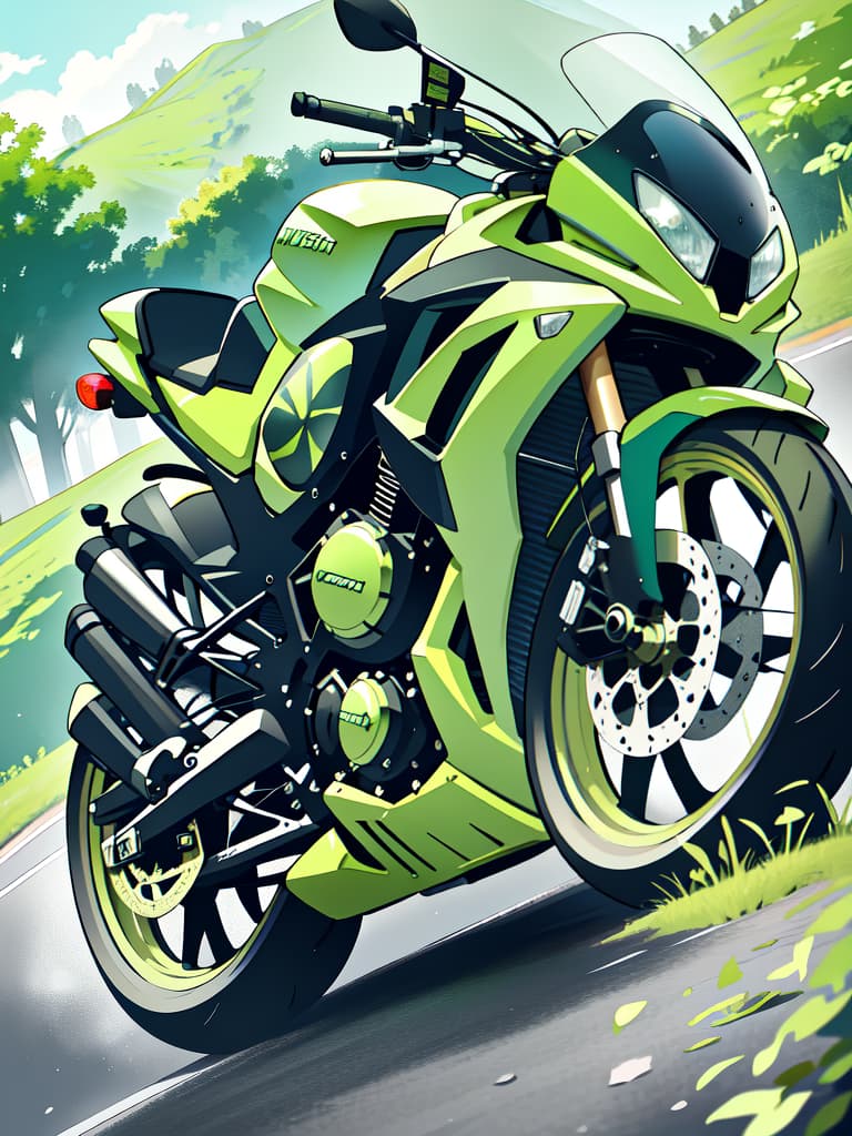  Motorcycle green hair character, masterpiece, best quality,8k,ultra detailed,high resolution,an extremely delicate and beautiful,hyper detail