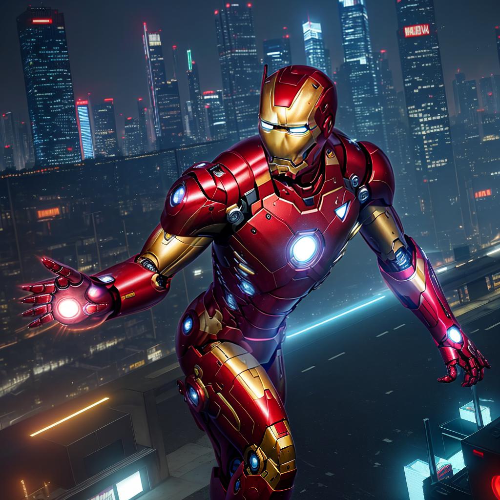  masterpiece, best quality, masterpiece, 8k resolution, realistic, highly detailed, Iron Man close-up. He stands on a street lined with tall buildings in a cyberpunk style city at night. The city's night lights are bright, and the surrounding buildings and streets are full of cyberpunk elements such as neon lights, high-tech equipment and futuristic architectural design.