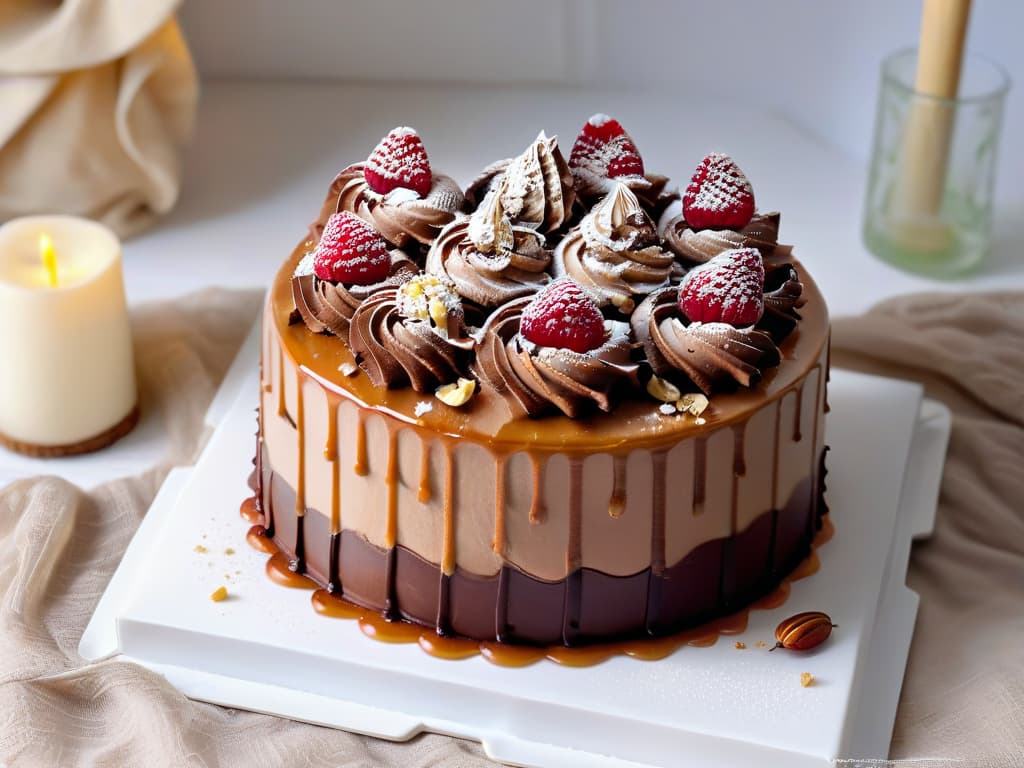  A photorealistic image of a decadent chocolate cake topped with swirls of creamy frosting, drizzled with caramel sauce, and sprinkled with crushed nuts, all set on an elegant white porcelain plate. The cake is surrounded by fresh raspberries and mint leaves, with a soft, ambient light casting gentle shadows, highlighting the rich textures and vibrant colors of the dessert. hyperrealistic, full body, detailed clothing, highly detailed, cinematic lighting, stunningly beautiful, intricate, sharp focus, f/1. 8, 85mm, (centered image composition), (professionally color graded), ((bright soft diffused light)), volumetric fog, trending on instagram, trending on tumblr, HDR 4K, 8K